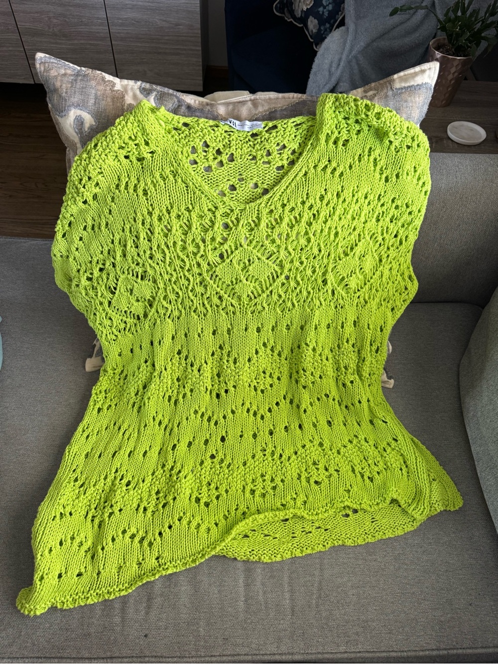 Zara Neon Lime Green Crochet V-Neck Tunic Top